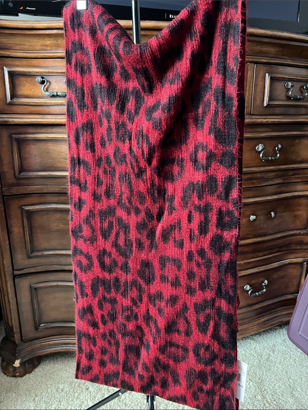 Michael Kors Red and Black Leopard-Print Knit Scarf
